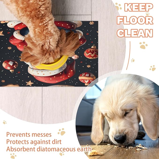 Santa Claus Dog Food Mat for Floors Absorbent, Quick Dry Water Dispenser Mat for Food, Water, Pet Supplies 12" x 20", Xmas Balls