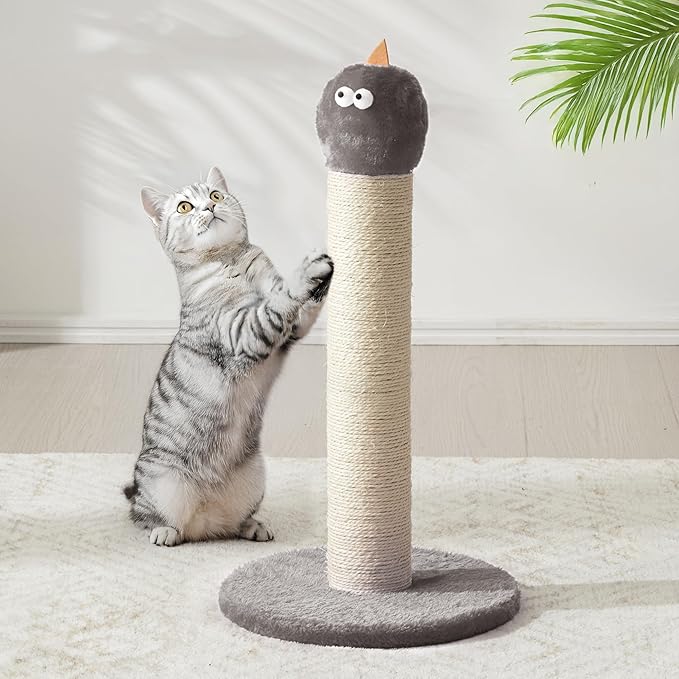 22" Cat Scratching Post, Sisal Cat Scratcher with Interactive Hanging Toy, Monster Scratch Pole for Indoor Cats, Cute Cat Scratch Post for Kittens & Large Cats, Grey