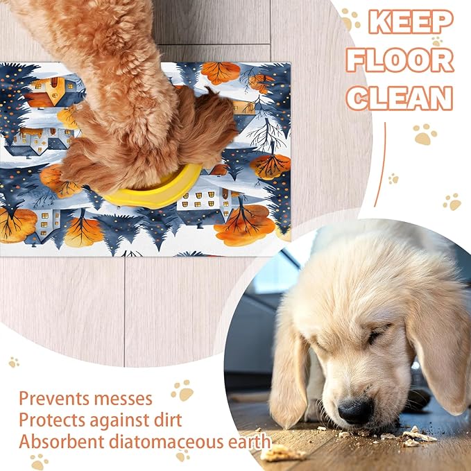 Village Hills Dog Food Mat for Floors Absorbent, Quick Dry Water Dispenser Mat for Food, Water, Pet Supplies 12" x 20", Winter Tree