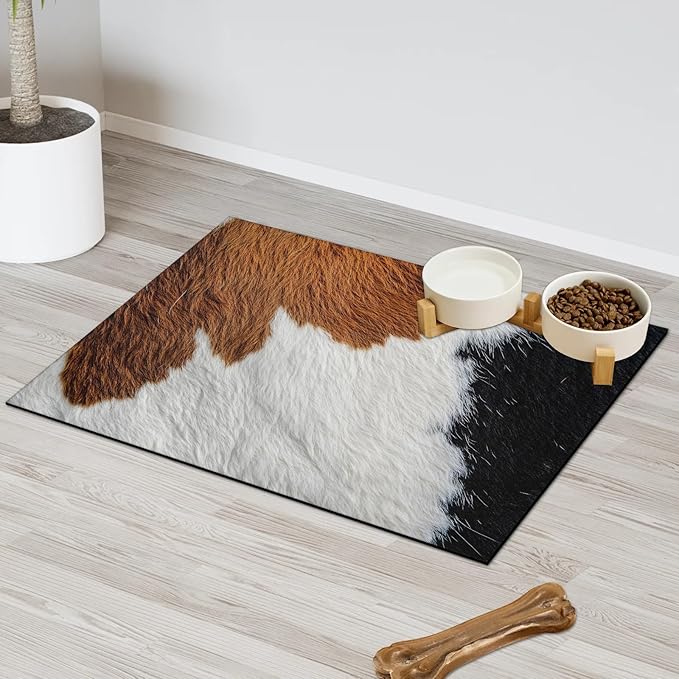 Cow Print Dog Food Mat for Floors Absorbent Dog Bowl Mat for Food and Water Dispenser Quick Dry Cat Food Placemat Pet Supplies 17" x 30", Black Brown Skin
