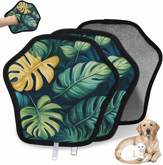 Tropical Leaves Theme Electrostatic Pet Hair Removal Glove for Cats & Dogs - Reusable Grooming Mitt for Couch, Carpet, Car Seat & Laundry - Large 9x9 Inch