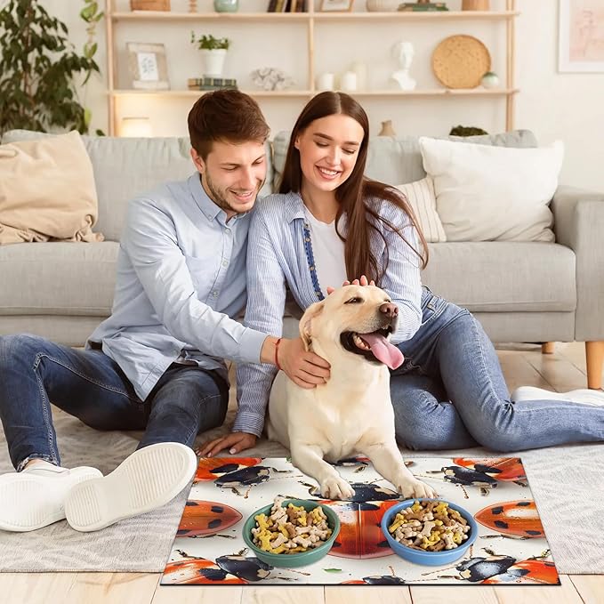 Cute Ladybird Dog Food Mat for Floors Absorbent, Quick Dry Water Dispenser Mat for Food, Water, Pet Supplies 12" x 20", Black Red Ladybird