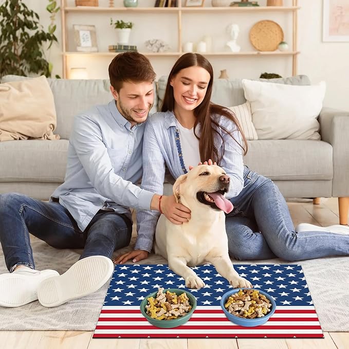 4th of July Dog Food Mat for Floors Absorbent Dog Bowl Mat for Food and Water Dispenser Quick Dry Cat Food Placemat Pet Supplies 17" x 30", Stars Stripes