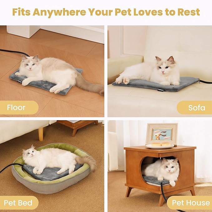 Pet Heating Pad for Cats Dogs Indoor & Sheltered Outdoor Waterproof Heated Cat Bed Heated Dog Bed Chew Resistant Cord Constant Temperature Gray Paw Print 16 x 13 Inch