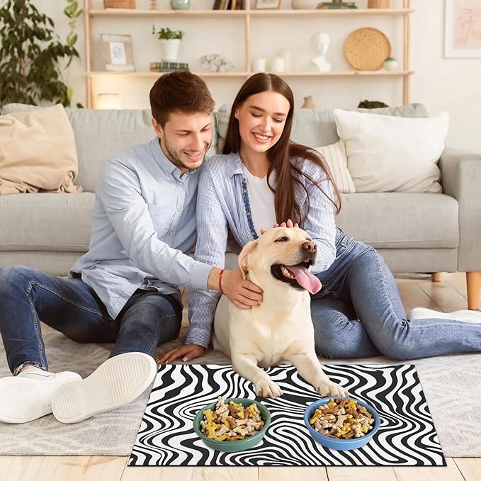 Zebra Print Dog Food Mat for Floors Absorbent Dog Bowl Mat for Food and Water Dispenser Quick Dry Cat Food Placemat Pet Supplies 16" x 24", Black White Striped