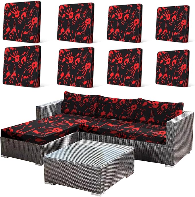 HANDONTIME 8Pcs Halloween Patio Cushion Covers Stretch Couch Covers Black and Red Abstract Replacement Cushions for Outdoor Halloween Patio Furniture Covers for Pets Sofa Covers Washable, Cover Only