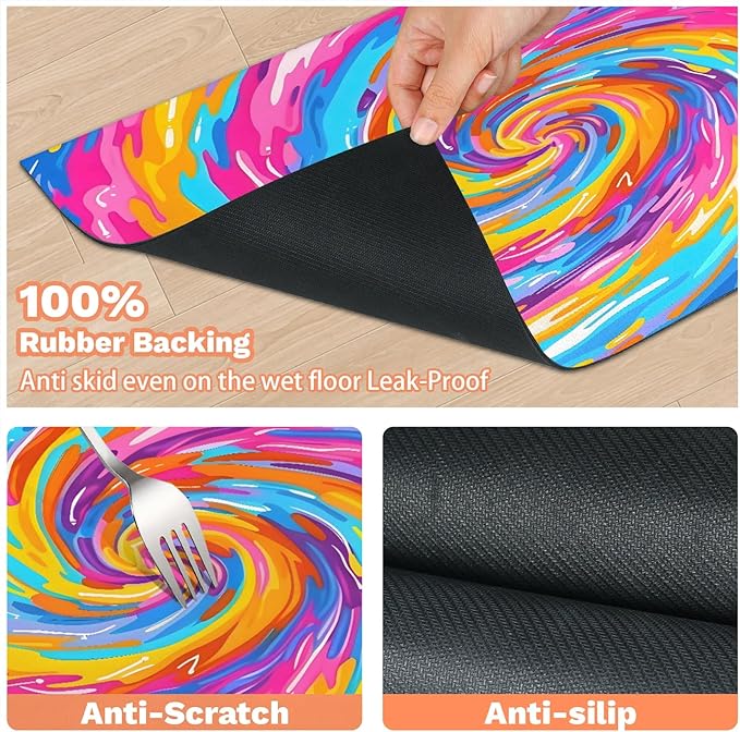 Tie dye Dog Food Mat for Floors Absorbent, Quick Dry Water Dispenser Mat for Food, Water, Pet Supplies 12" x 20", Colorful Boho Rainbow
