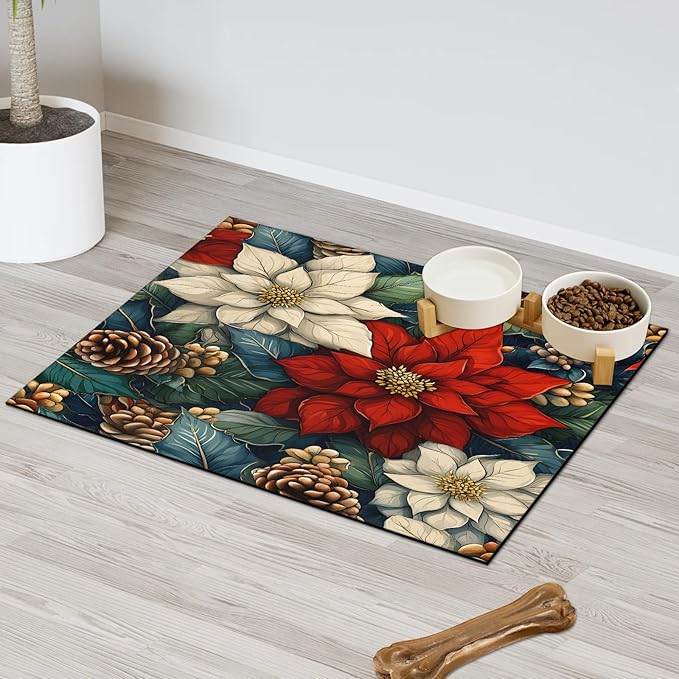 Christmas Flower Dog Food Mat for Floors Absorbent, Quick Dry Water Dispenser Mat for Food, Water, Pet Supplies 16" x 24", Pine Cones