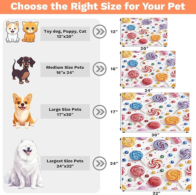 Rainbow Lollipop Dog Food Mat for Floors Absorbent Dog Bowl Mat for Food and Water Dispenser Quick Dry Cat Food Placemat Pet Supplies 16" x 24", Sweet Theme