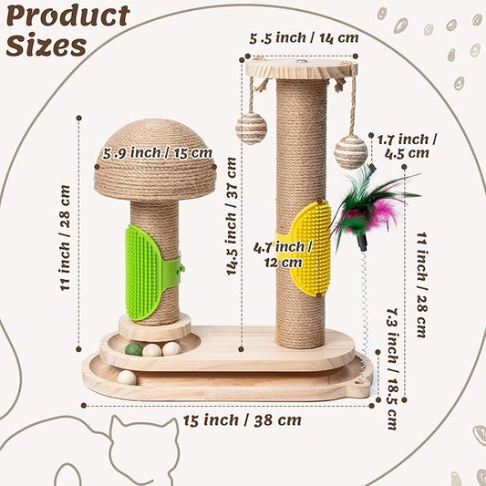 Cat Scratching Post Interactive - 5-in-1 Kitten Scratch Post Self Play Toy, Vertical Scratcher and Self Groomer for Indoor Cats, Small Pet Tree Climbing Tower with Dangling Plush Track Ball