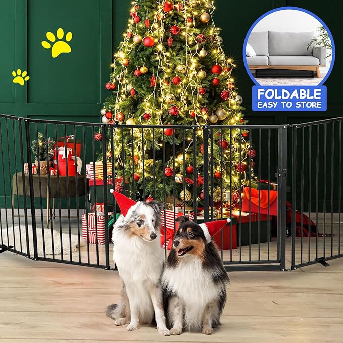 2 Panels Metal Freestanding Dog Gates with Door,40''W Detachable Foldable Dog Fence Indoor Outdoor Puppy Gate, 32''H Free Standing Tall Pet Gate for Doorways,House,Stairs,Porch,Deck,Yard