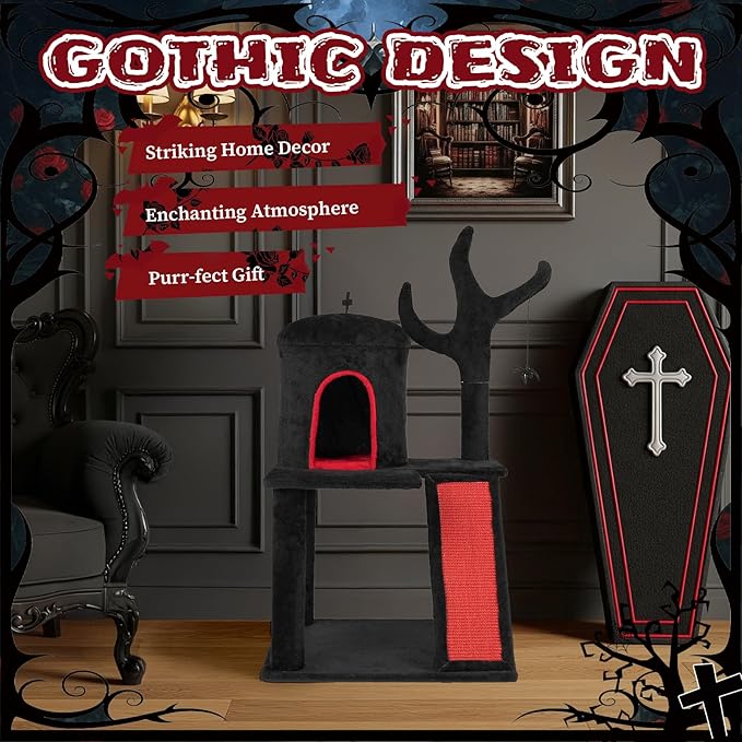 42" Gothic Cat Tree, Halloween Cat Tower Cat Tree with Spacious Cat Condo, Brach Shaped Scratching Post, Scratching Ladder, Spider Toy for Indoor Cats(54 * 54 * 106CM)