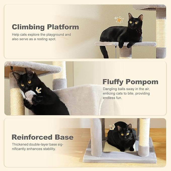 Cat Tree for Indoor Cats, 62" Multi-Level Cat Tower with 2 Spacious Condos, Scratching Pad, 4 Cat Scratching Posts, 2 Top Perches, 2 Pompoms, Grey