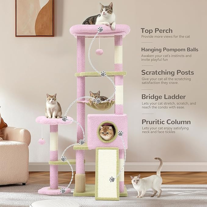 YITAHOME 61" Flower Cat Tree, Cat Tree Cute with Large Metal Frame Hammock, Silicone Tickling Column, Cat Scratched Board, 3 Sisal Scratching Posts, Aesthetic Cat Tower with Condo and Perches