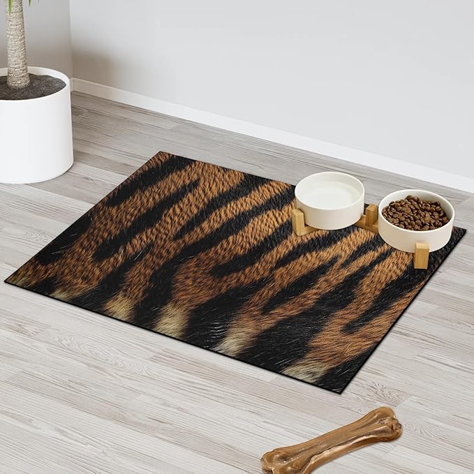 Brown Leopard Dog Food Mat for Floors Absorbent Dog Bowl Mat for Food and Water Dispenser Quick Dry Cat Food Placemat Pet Supplies 17" x 30", Black Brown Wildlife