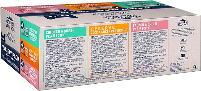 Natural Balance Limited Ingredient Cat Food Variety Pack - Chicken, Salmon and Duck with Green Pea Recipes, Soft Pate Wet Digestion Cat Food for Sensitive Stomach, 3 oz., Case of 12