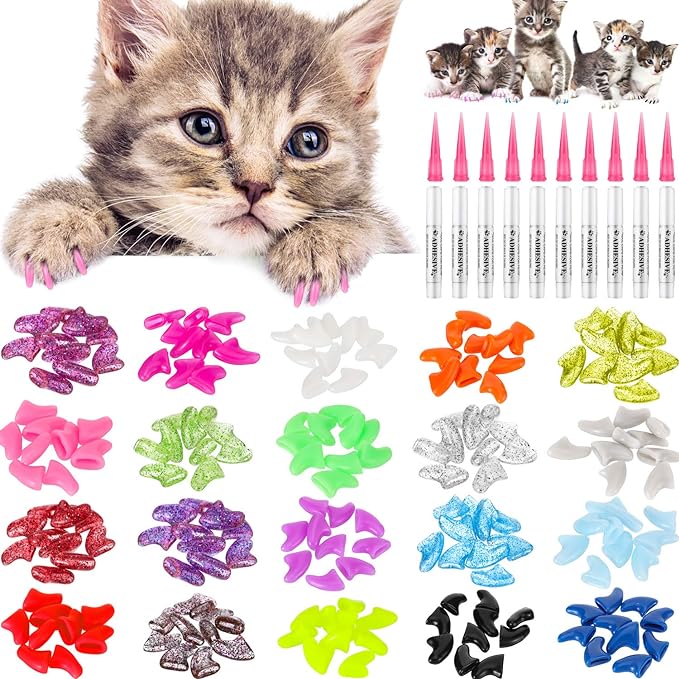 WILLBOND 200 Pieces 20 Color Cat Claw Caps with 10 Pcs Adhesive Glues and 10 Pcs Applicators Cat Claw Covers Nail Tips with Instruction for Pets Cats