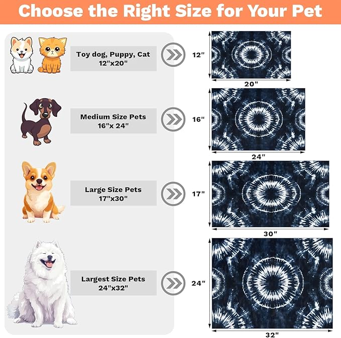 Black Tie Dye Dog Food Mat for Floors Absorbent, Quick Dry Water Dispenser Mat for Food, Water, Pet Supplies 16" x 24", Boho Tie Dye