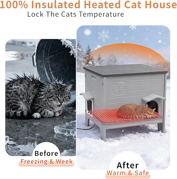Rockever Heated Cat House for Outside in Winter, 100% Waterproof & Insulated Heated Cat House for Outdoor Cats with Heating Pad, Elevated Outdoor Cat House Safe Escape Door(M,Grey&Heating Pad)