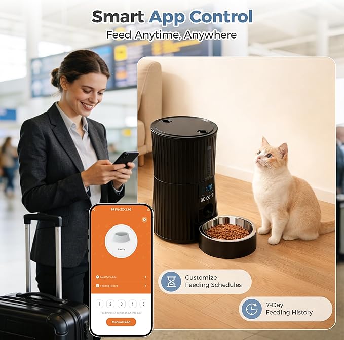 DUMOS Automatic Cat Feeder, 4L Timed Cat Food Dispenser with APP Control, 10s Voice Recorder, Dual Power Supply, 2.4G WiFi Indoor Programmable Pet Feeder with Desiccant for Small Cats and Dogs, Black