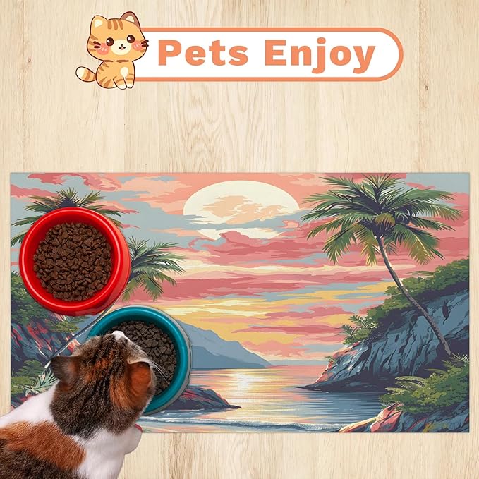 Sea Palm Tree Dog Food Mat for Floors Absorbent, Quick Dry Water Dispenser Mat for Food, Water, Pet Supplies 24" x 32", Beach