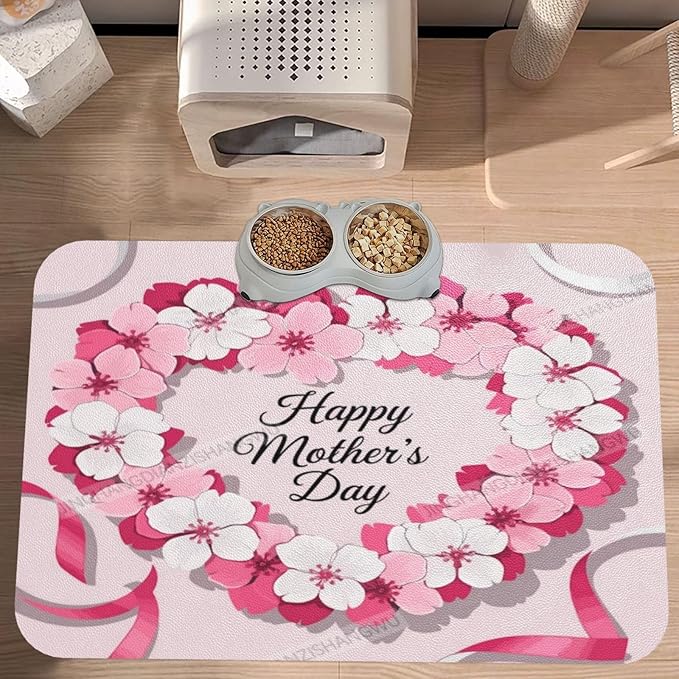 Dog Food Mat for Floors Absorbent Quick Drying Happy Mother's Day Floral Gift for Mom Dl Pet Cat Food Mat Easy-to-Clean Pet Feeding Mats Dog Bowl Mats 18X12In