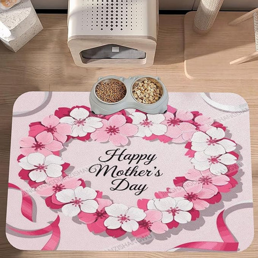 Dog Food Mat for Floors Absorbent Quick Drying Happy Mother's Day Floral Gift for Mom Dl Pet Cat Food Mat Easy-to-Clean Pet Feeding Mats Dog Bowl Mats 18X12In
