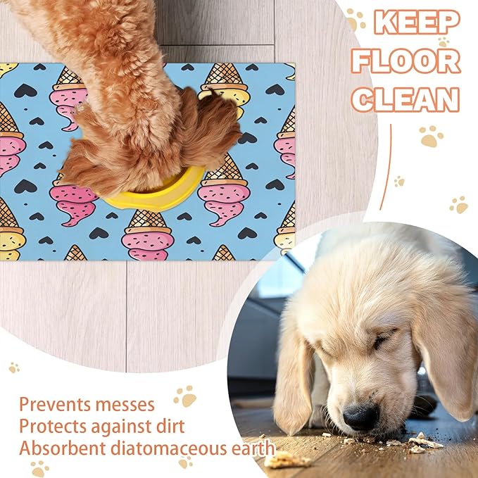 Ice Cream Dog Food Mat for Floors Absorbent Dog Bowl Mat for Food and Water Dispenser Quick Dry Cat Food Placemat Pet Supplies 24" x 32", Love Heart