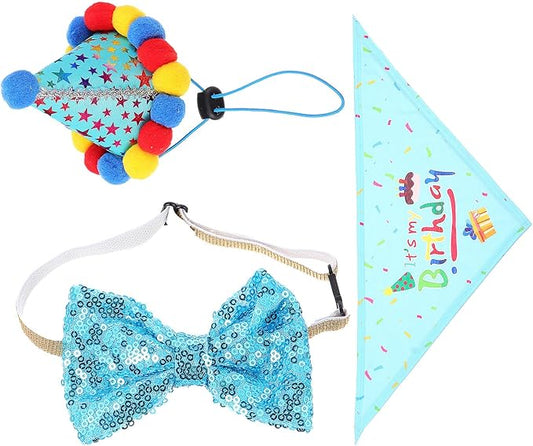 STOBAZA Dog Birthday Party Hat and Scarf Set Blue Cotton Bandana and Birthday Hat for Dogs Pet Decoration Accessories for Supplies