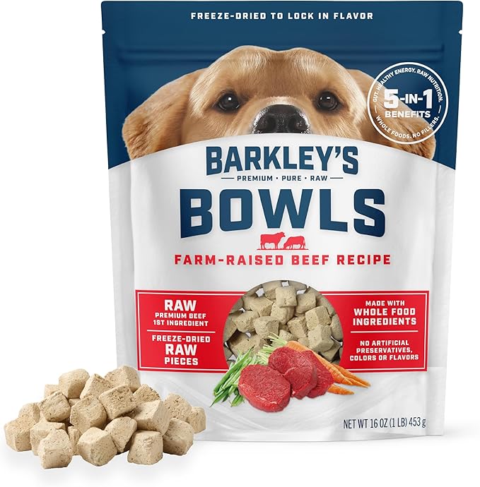 Barkley’s Bowls, Freeze-Dried Raw Beef Dog Food, Fresh Whole Food Ingredients with Farm-Raised Beef, Grain Free, High Protein for Balanced Nutrition, Dog Treats or Topper, 16 Oz Bag