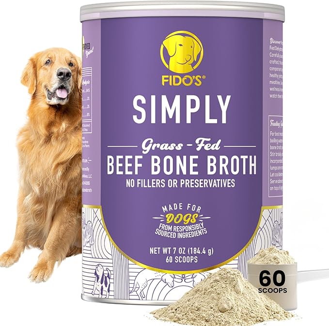 Fido's Grass-Fed Beef Bone Broth for Dogs 7oz with 94% Protein - Picky Eaters Human Grade Bone Broth Powder for Dogs - Made in USA - No Preservatives - Supports Joints + Gut Health - 60 Scoops