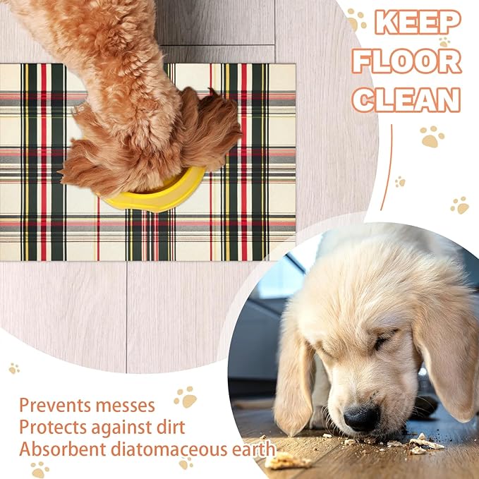 Tartan Plaids Dog Food Mat for Floors Absorbent, Quick Dry Water Dispenser Mat for Food, Water, Pet Supplies 17" x 30", Green White Check