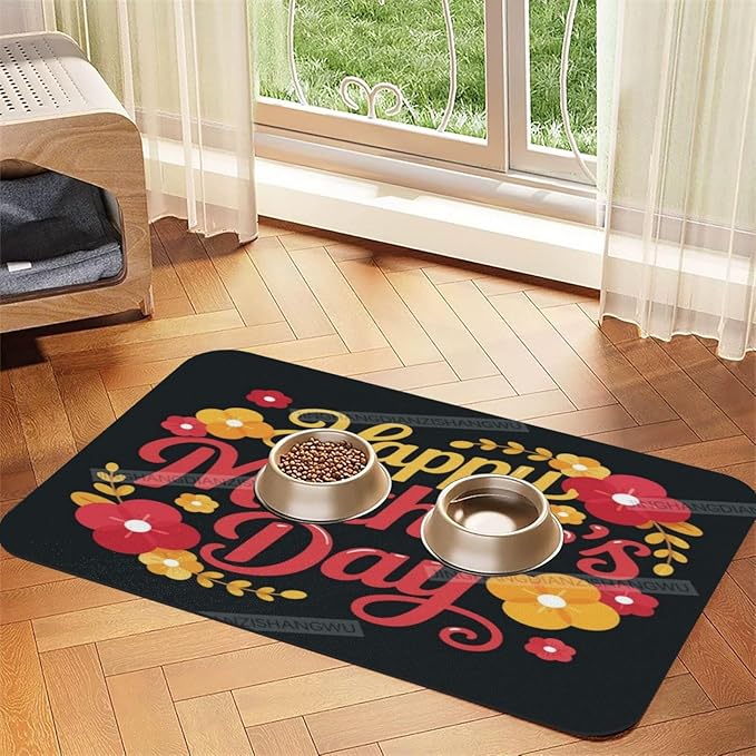 Dog Food Mats for Floors Absorbent Pet Cat Food Mat Happy Mother's Day Floral Gift Mom Ex Non Slip Dogs Bowl Mats for Water Dog Placemats Feeding Mat Pet Supplies 24x16In