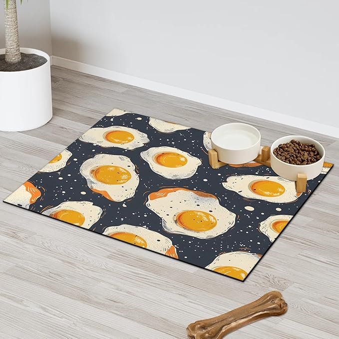 Cartoon Eggs Dog Food Mat for Floors Absorbent Dog Bowl Mat for Food and Water Dispenser Quick Dry Cat Food Placemat Pet Supplies 12" x 20", Fried Egg