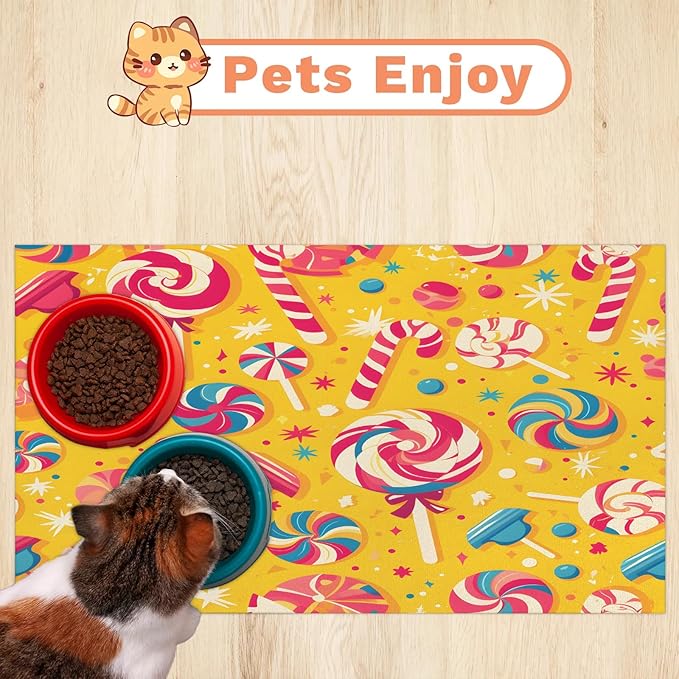 Lollipop Dog Food Mat for Floors Absorbent Dog Bowl Mat for Food and Water Dispenser Quick Dry Cat Food Placemat Pet Supplies 12" x 20", Colorful Candy
