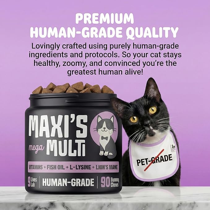 Human-Grade Cat Multivitamin | 15-in-1 Cat Vitamins for Indoor Cats + Taurine + Fish Oil + L-lysine + Lion's Mane | Feline Vitamins and Supplements | 45 Day Supply of Soft Chews