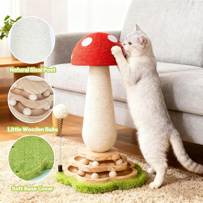 Mushroom Cat Scratching Post Cat Tree, Cute Cat Scratcher Tower with Interactive Ball Two-Layer Track Spring Ball Toys, Mushroom Scratch Post Cat Sisal Scratcher with Catnip for Indoor Cats