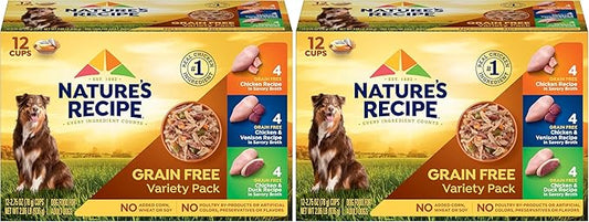 Nature's Recipe Grain Free Chicken Recipe, Chicken & Venison Recipe and Chicken & Duck Recipe in Savory Broth Variety Pack Wet Dog Food, 12-2.75 oz. Cups, 2 Count (Pack of 2)
