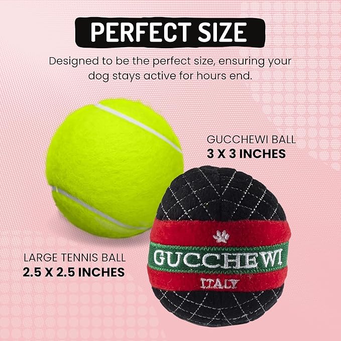 Dog Diggin Designs Gucchewi Plush Squeaky Dog Toy Ball | Luxury-Inspired Parody Designer Ball with Squeaker, Soft Plush Fetch Dog Toy – Prêt-à-Porter Play!