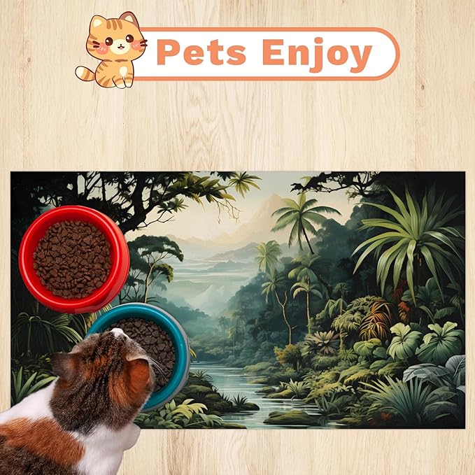 Tropical Rainforest Dog Food Mat for Floors Absorbent, Quick Dry Water Dispenser Mat for Food, Water, Pet Supplies 16" x 24", Green Forest