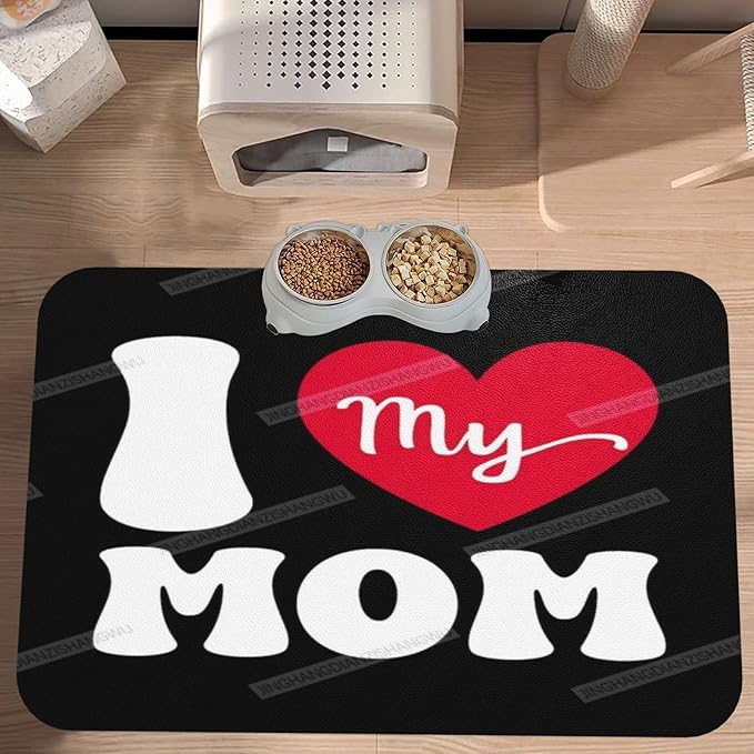 Pet Feeding Mat for Floors Waterproof Dog Mat for Food and Water Happy Mother's Day I Love Mom Gift Red Heart Absorbent Quick Dry Non Slip Mats Cat Bowls 24x16In