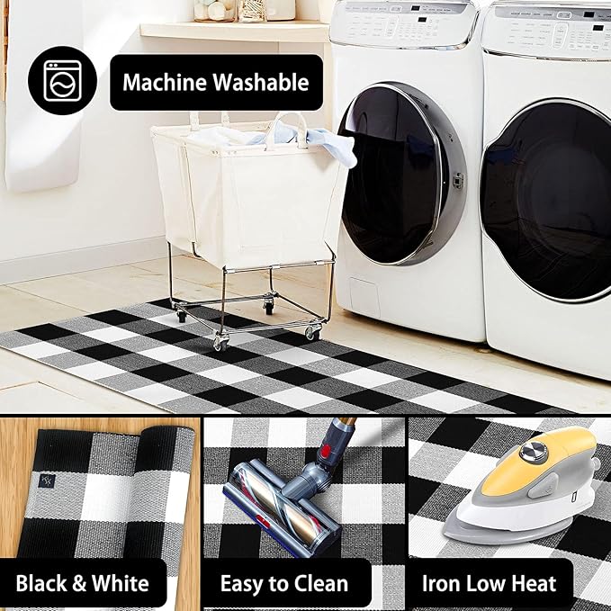 KOZYFLY Buffalo Plaid Area Rug 8 x 10 Ft Black and White Checkered Rug Washable Outdoor Patio Rugs Cotton Rugs for Living Room Carpet for Dining Room Bedroom Farmhouse Rug