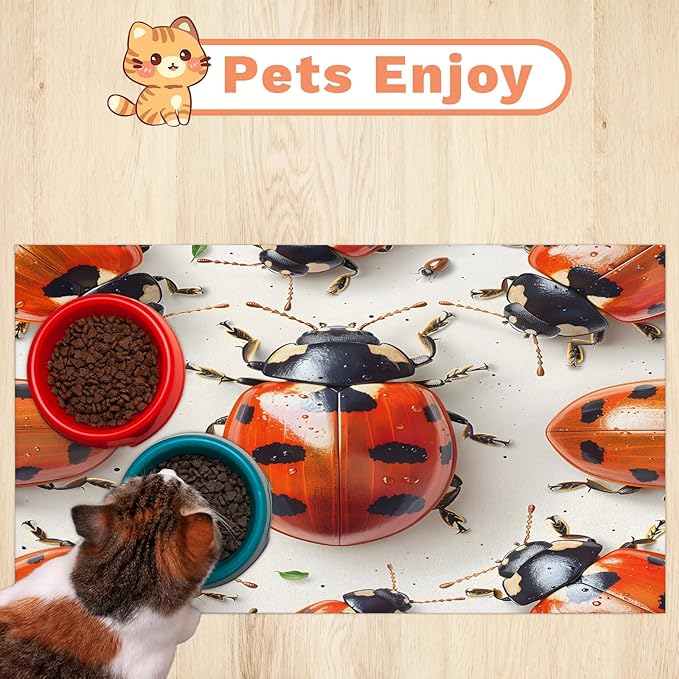Cute Ladybird Dog Food Mat for Floors Absorbent, Quick Dry Water Dispenser Mat for Food, Water, Pet Supplies 16" x 24", Black Red Ladybird