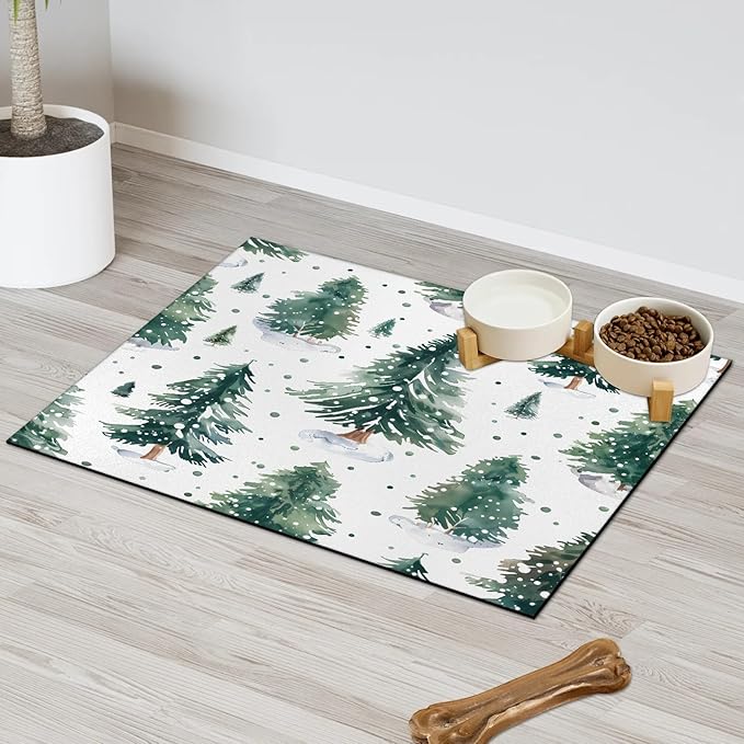 Christmas Tree Dog Food Mat for Floors Absorbent, Quick Dry Water Dispenser Mat for Food, Water, Pet Supplies 17" x 30", Winter Xmas