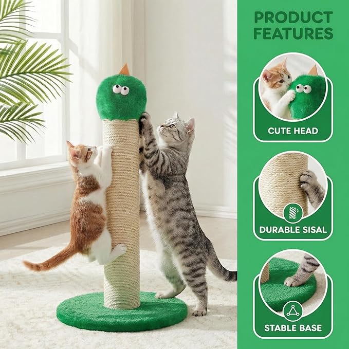 Cat Scratching Post for Small Space, 22'' Scratching Posts for Indoor Cats Adults, Extra Wide 13.4" Stable Base & Natural Sisal, Cute Cat Scratching Post with Short Plush Fabric for Large Cats, Green