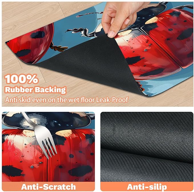 Ladybird Dog Food Mat for Floors Absorbent, Quick Dry Water Dispenser Mat for Food, Water, Pet Supplies 16" x 24", Black Red Ladybird
