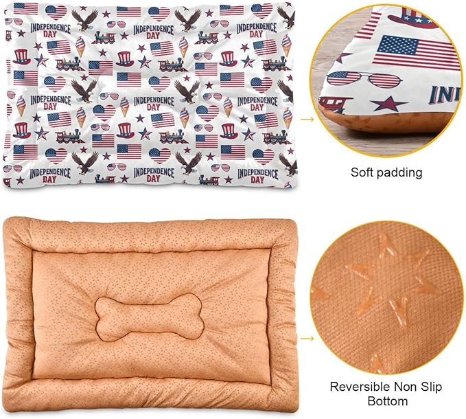 Dog Bed for Crate Washable Pet Sleep Pad, Independence Day Elements Kennel Mat with Non-Slip Bottom, Soft Fluffy Supplies Pet for Dogs and Cats (36x24 inch)