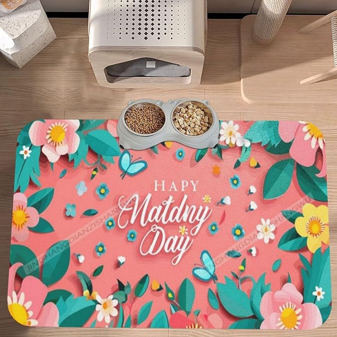 Pet Feeding Mats with Residue Collection Happy Mother's Day Floral Gift for Mom En Waterproof Dog Cat Bowl Mat 24x16In with Prevent Water Food Spills