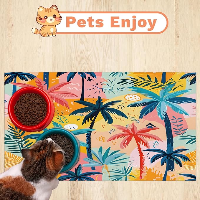 Palm Tree Dog Food Mat for Floors Absorbent, Quick Dry Water Dispenser Mat for Food, Water, Pet Supplies 12" x 20", Tropical Plant