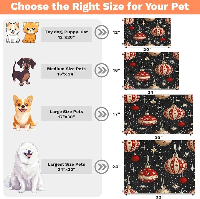 Xmas Balls Dog Food Mat for Floors Absorbent, Quick Dry Water Dispenser Mat for Food, Water, Pet Supplies 17" x 30", Christmas